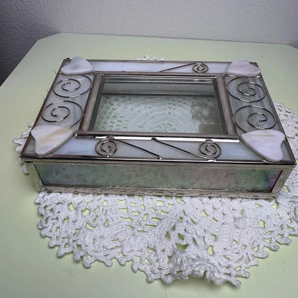Vintage White Rectangular Jewelry Box Iridescent Hearts Stained Glass